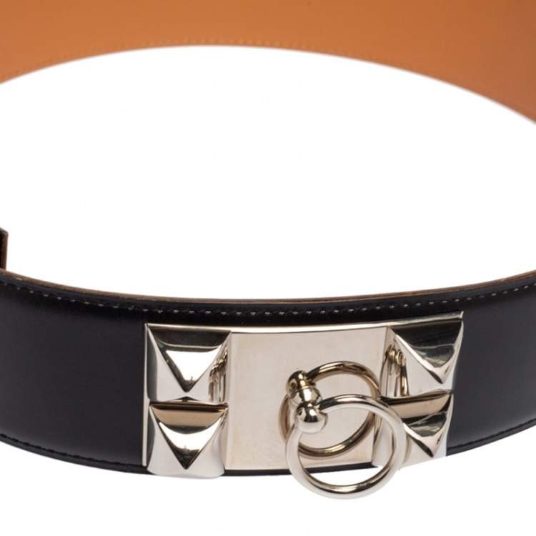 Pre Owned Hermes Noir Box Leather Palladium Plated Collier de Chien Belt 75 CM