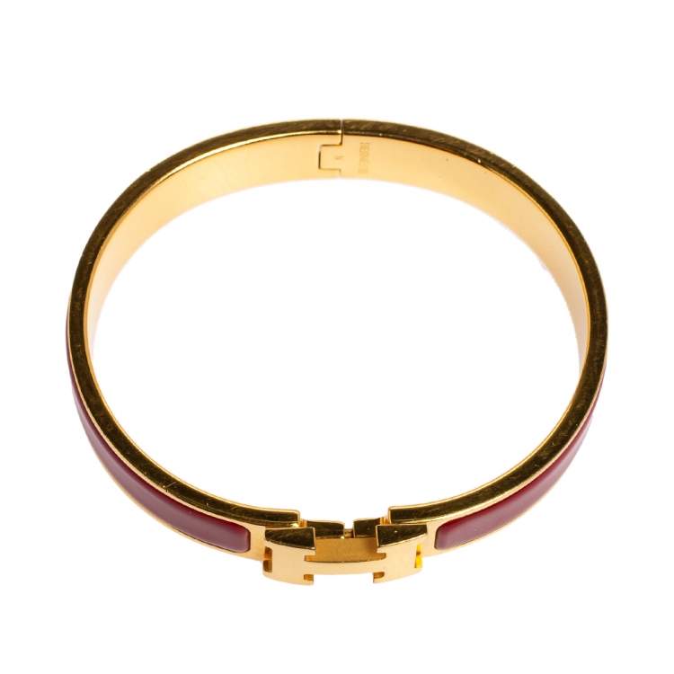 Pre Owned Hermès Clic H Red Enamel Gold Plated Narrow Bracelet PM