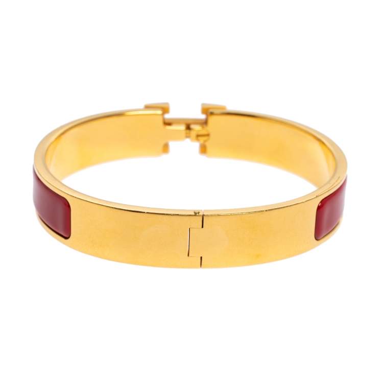 Pre Owned Hermès Clic H Red Enamel Gold Plated Narrow Bracelet PM