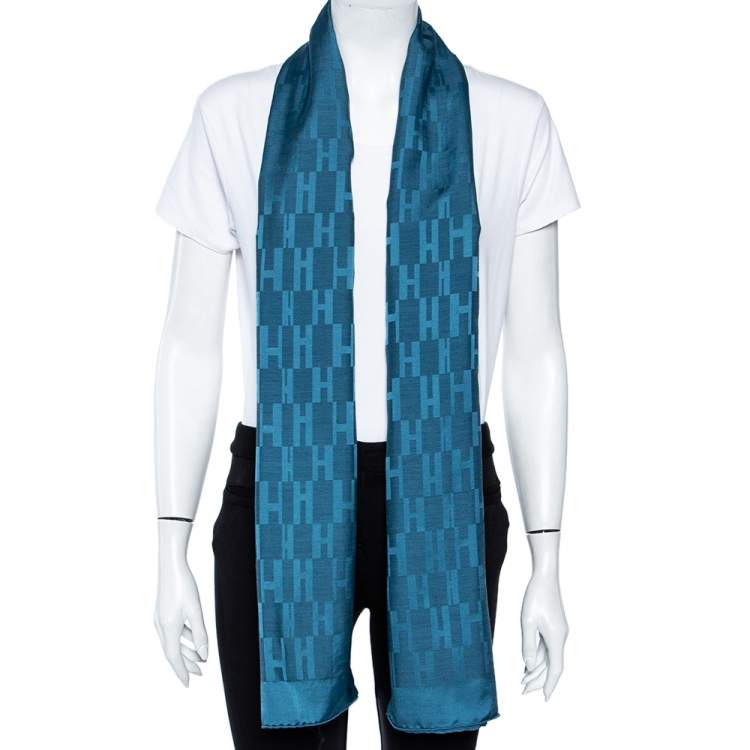 Hermès Blue Faconnee Grand H Silk Wool Scarf Hermes