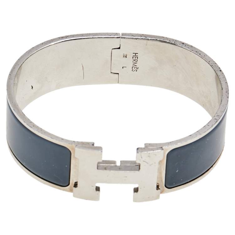 Pre Owned Hermès Clic Clac H Grey Enamel Palladium Plated Wide Bracelet PM