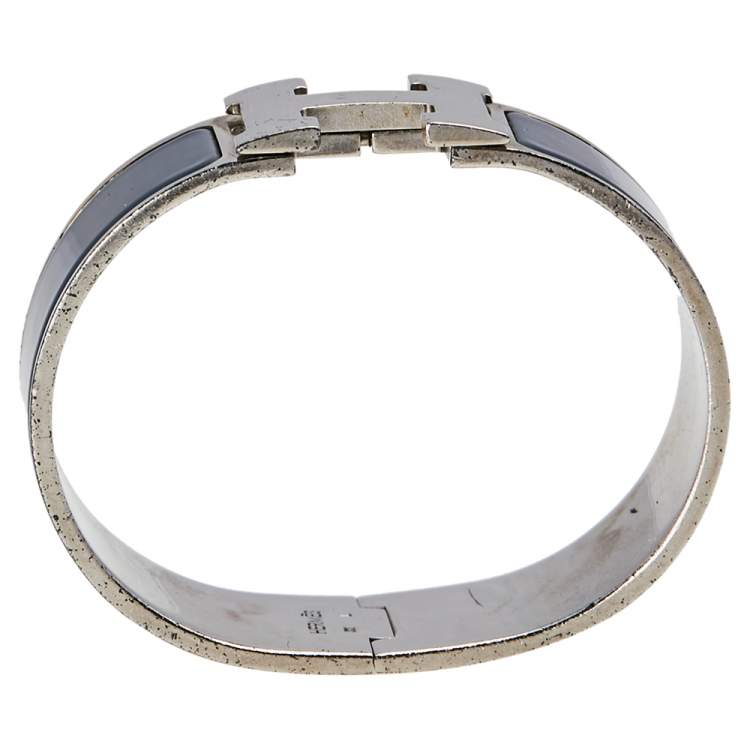 Pre Owned Hermès Clic Clac H Grey Enamel Palladium Plated Wide Bracelet PM