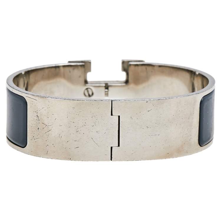 Pre Owned Hermès Clic Clac H Grey Enamel Palladium Plated Wide Bracelet PM