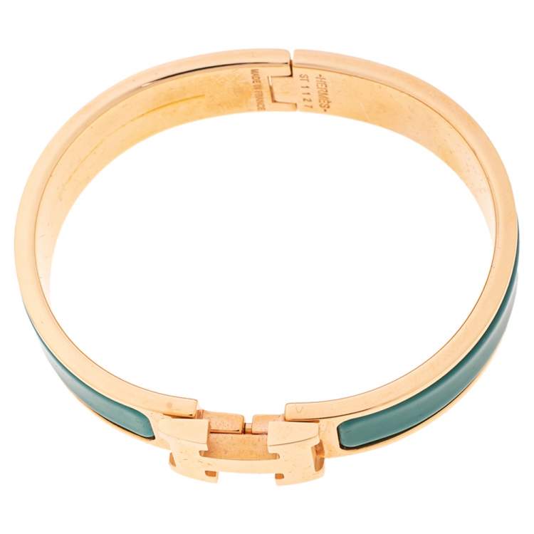 Pre Owned Hermès Clic H Green Enamel Gold Plated Narrow Bracelet PM 