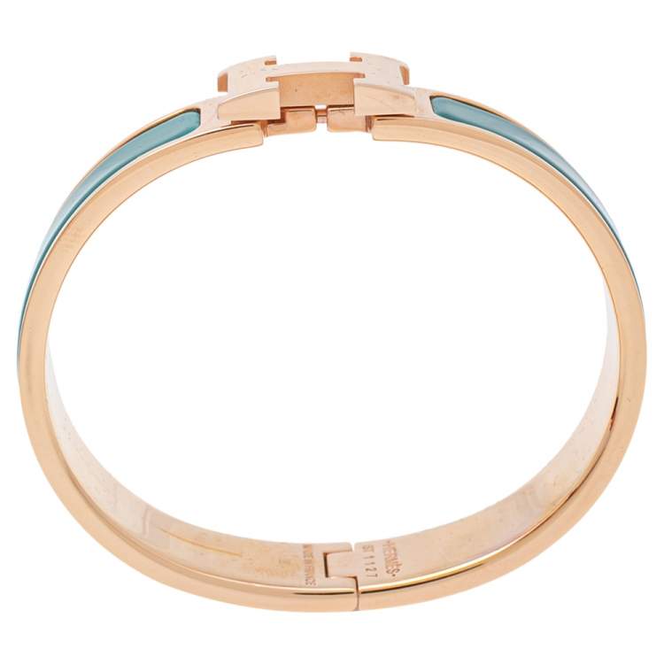 Pre Owned Hermès Clic H Green Enamel Gold Plated Narrow Bracelet PM 