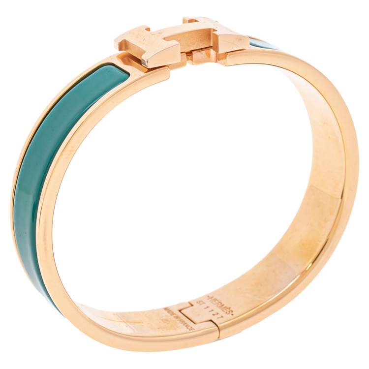 Pre Owned Hermès Clic H Green Enamel Gold Plated Narrow Bracelet PM 