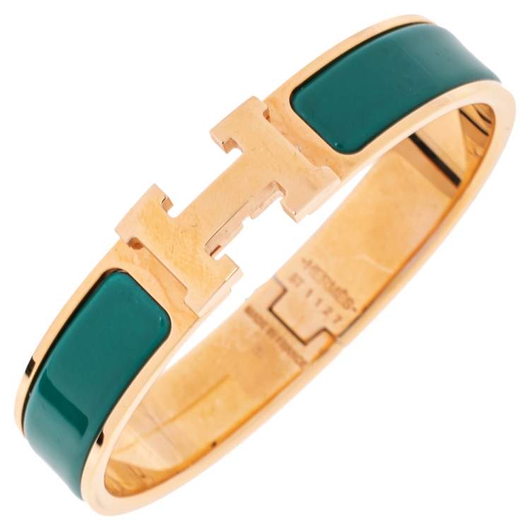 Pre Owned Hermès Clic H Green Enamel Gold Plated Narrow Bracelet PM 
