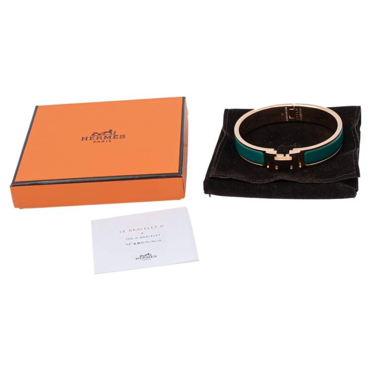 Pre Owned Hermès Clic H Green Enamel Gold Plated Narrow Bracelet PM 