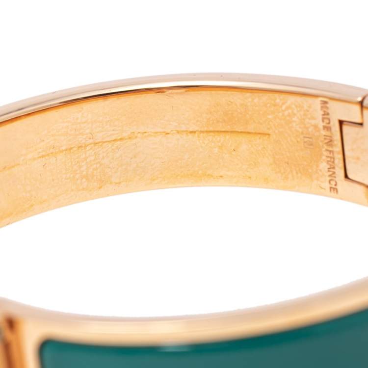 Pre Owned Hermès Clic H Green Enamel Gold Plated Narrow Bracelet PM 