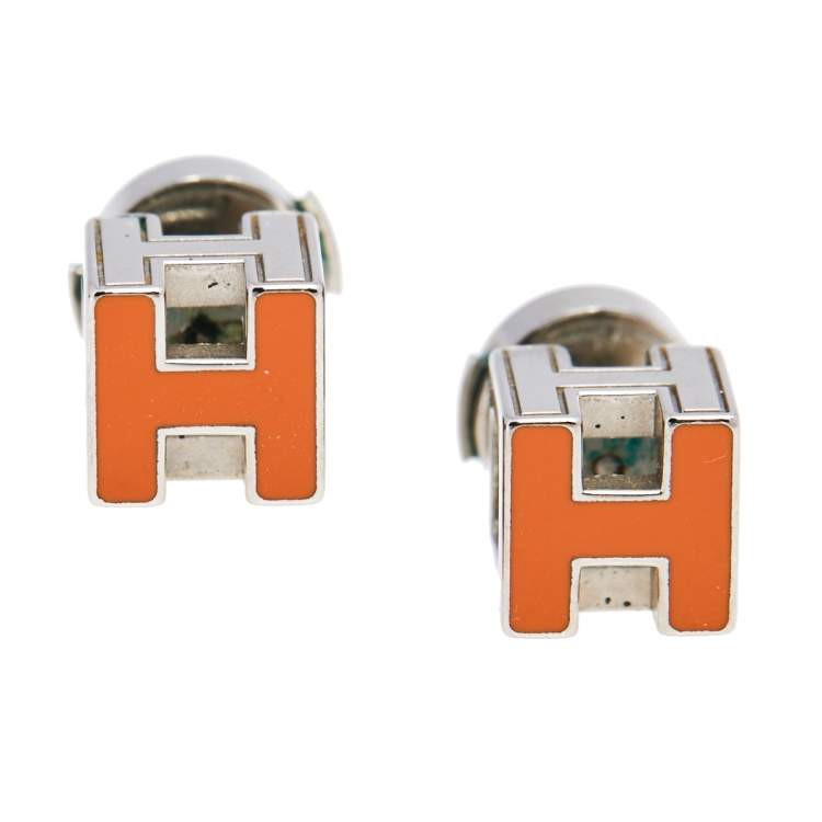 Pre Owned Hermès Palladium Plated Orange Enamel Cage d'H Stud Earrings 