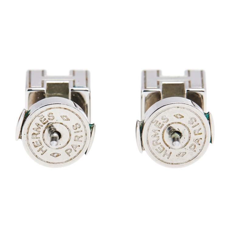 Pre Owned Hermès Palladium Plated Orange Enamel Cage d'H Stud Earrings 