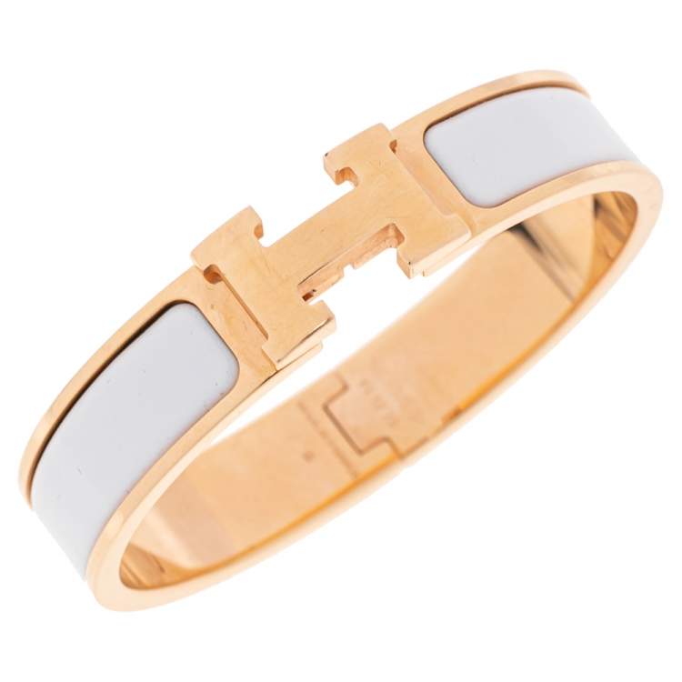 Pre Owned Hermès Clic H White Enamel Rose Gold Plated Narrow Bracelet PM 