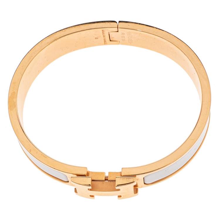 Pre Owned Hermès Clic H White Enamel Rose Gold Plated Narrow Bracelet PM 