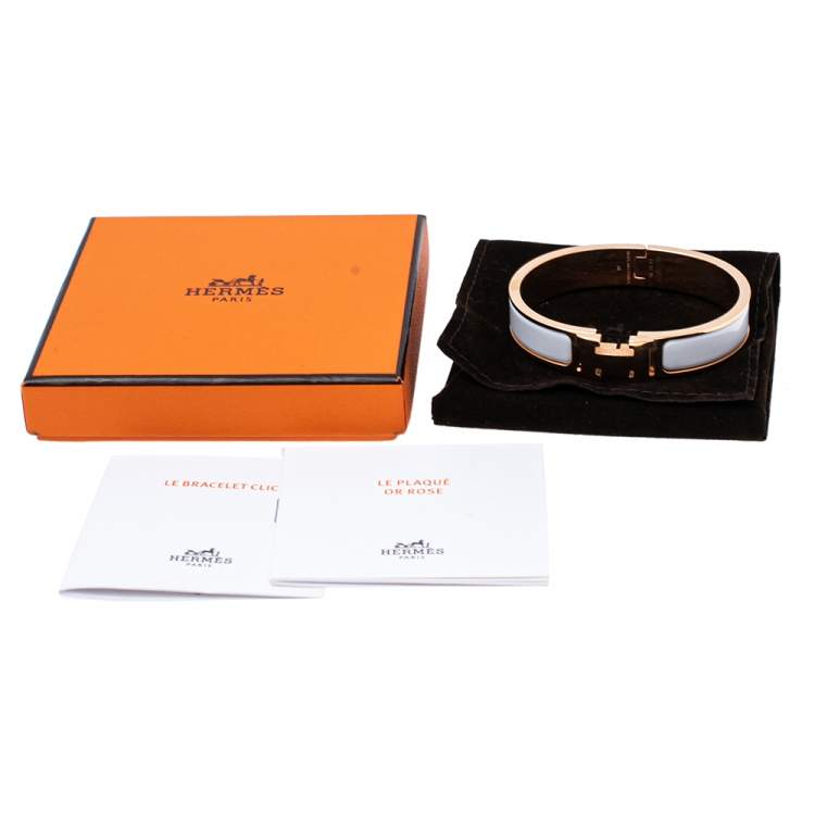 Pre Owned Hermès Clic H White Enamel Rose Gold Plated Narrow Bracelet PM 