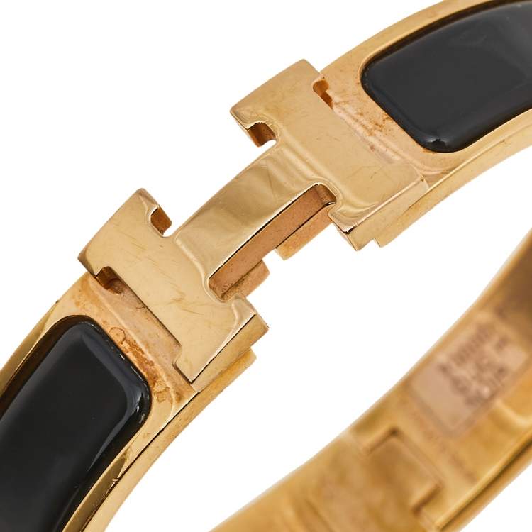 Pre Owned Hermès Clic H Black Enamel Gold Plated Narrow Bracelet PM