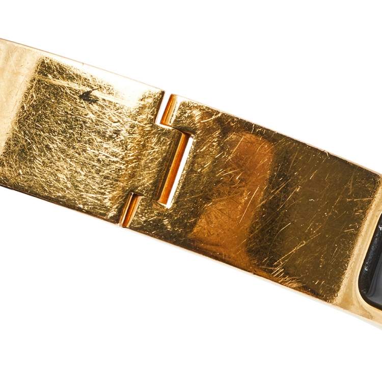 Pre Owned Hermès Clic H Black Enamel Gold Plated Narrow Bracelet PM