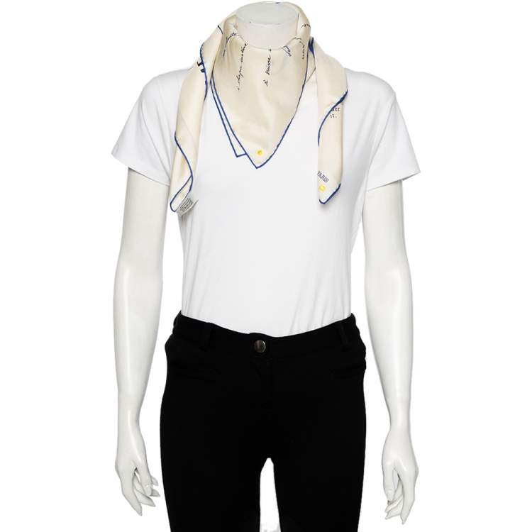 Pre Owned Hermès Cream Embroidered & Printed Calligram Silk Scarf