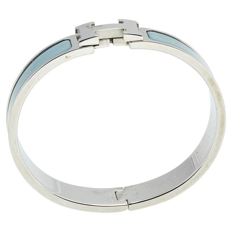 Pre Owned Hermès Clic H Palladium Plated Grey Enamel Narrow Bracelet