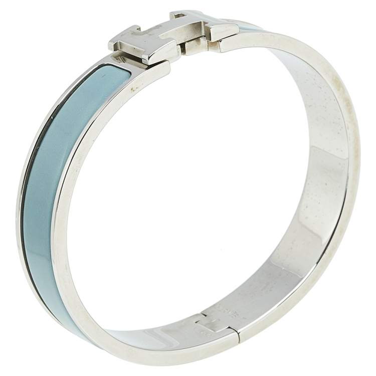 Pre Owned Hermès Clic H Palladium Plated Grey Enamel Narrow Bracelet