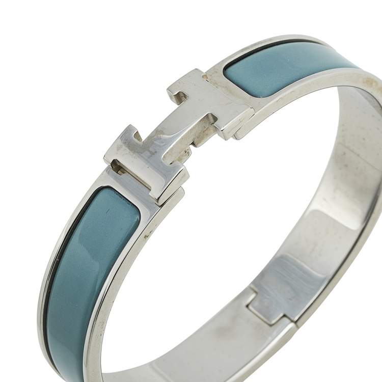 Pre Owned Hermès Clic H Palladium Plated Grey Enamel Narrow Bracelet