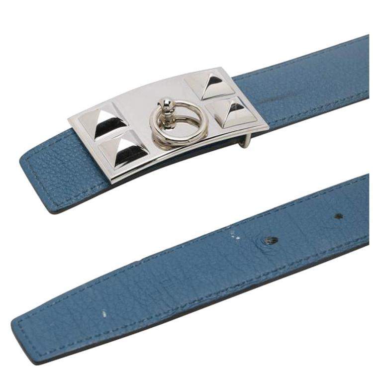 Pre Owned Herme`s Blue Collier de Chien Leather Strap Buckle Belt 85 CM 