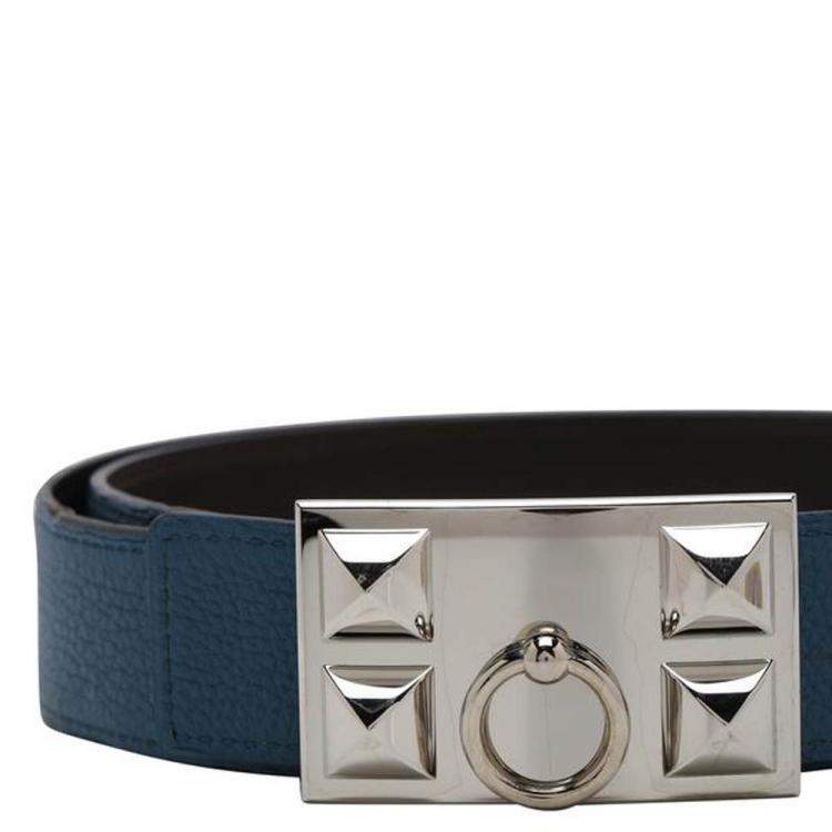 Pre Owned Herme`s Blue Collier de Chien Leather Strap Buckle Belt 85 CM 