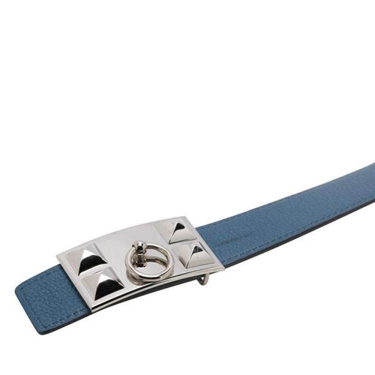 Pre Owned Herme`s Blue Collier de Chien Leather Strap Buckle Belt 85 CM 