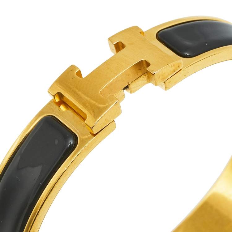 Pre Owned Hermès Clic H Black Enamel Gold Plated Narrow Bracelet PM