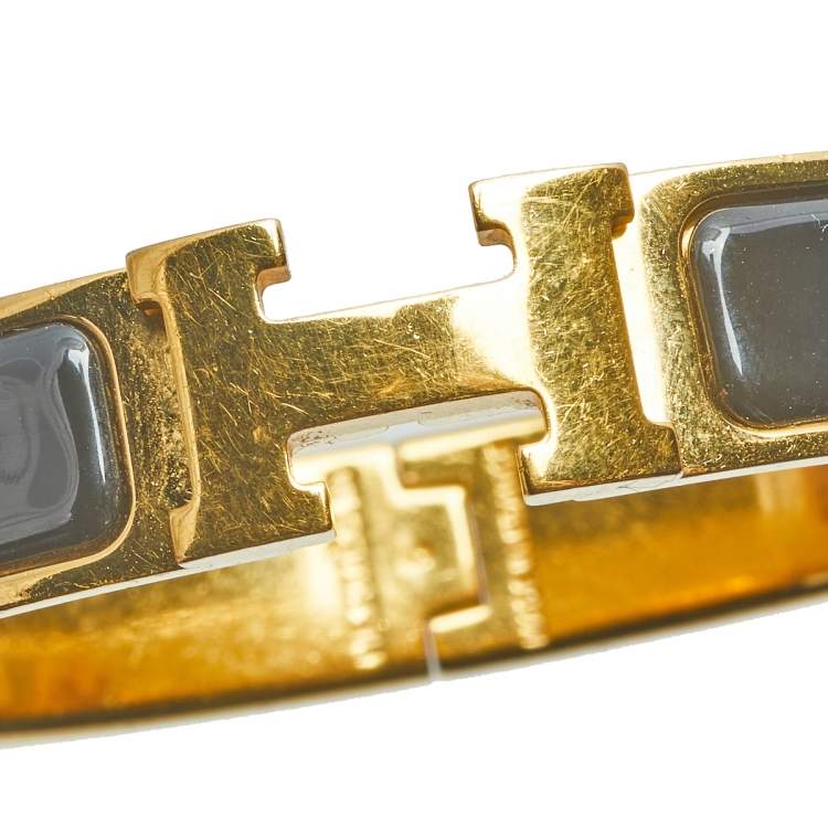Pre Owned Hermès Clic H Black Enamel Gold Plated Narrow Bracelet PM