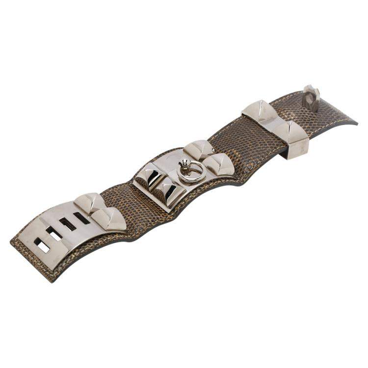 Pre Owned Hermes Brown Leather Lizard Collier de Chien Wide Bracelet 