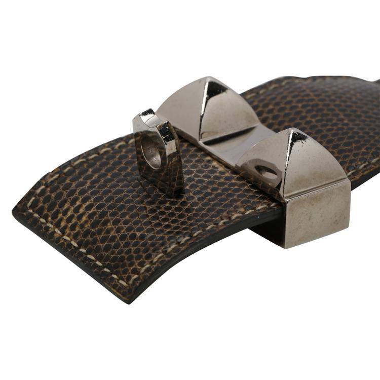 Pre Owned Hermes Brown Leather Lizard Collier de Chien Wide Bracelet 