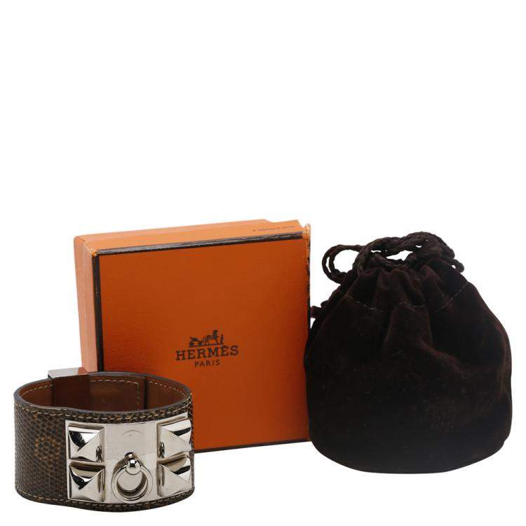 Pre Owned Hermes Brown Leather Lizard Collier de Chien Wide Bracelet 