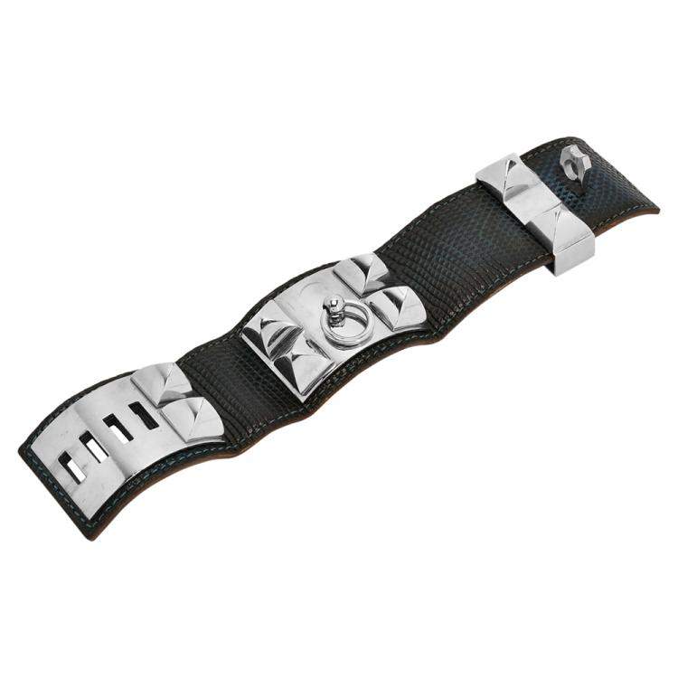 Pre Owned Hermes Blue Leather Lizard Collier de Chien Wide Bracelet