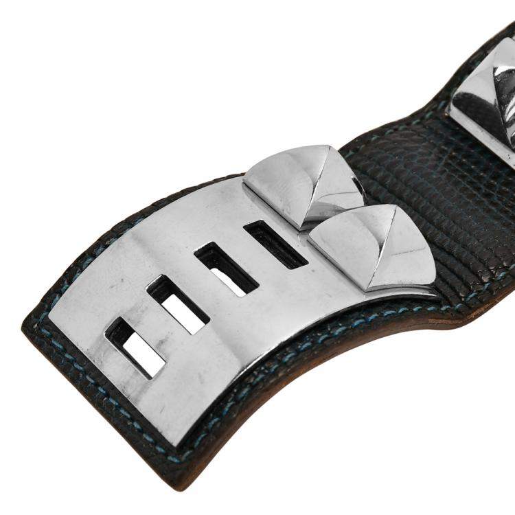 Pre Owned Hermes Blue Leather Lizard Collier de Chien Wide Bracelet