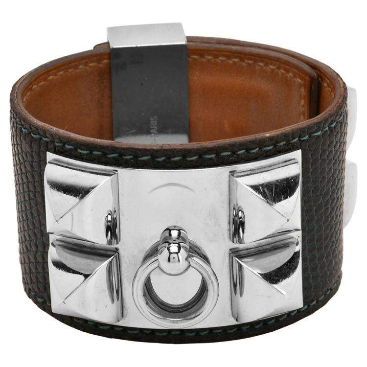 Pre Owned Hermes Blue Leather Lizard Collier de Chien Wide Bracelet