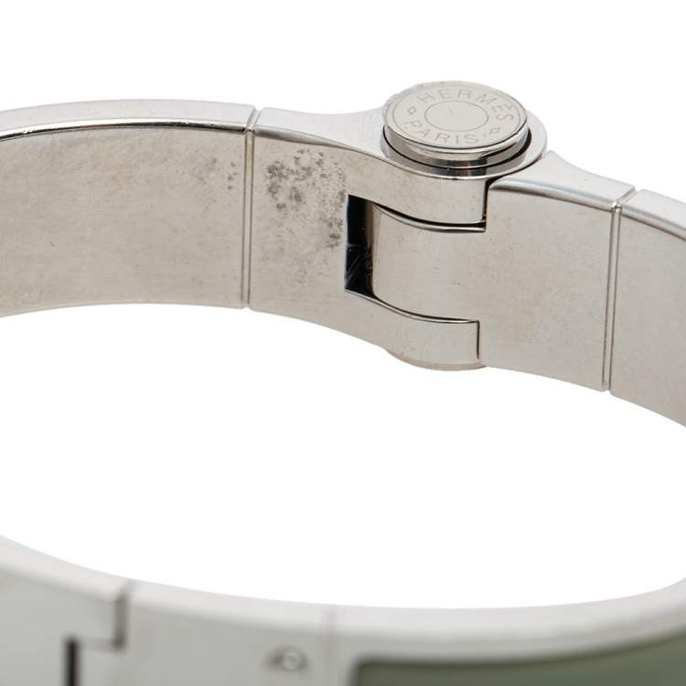Pre Owned Hermes Green Enamel Palladium Plated Charniere Uni narrow Hinged Bracelet