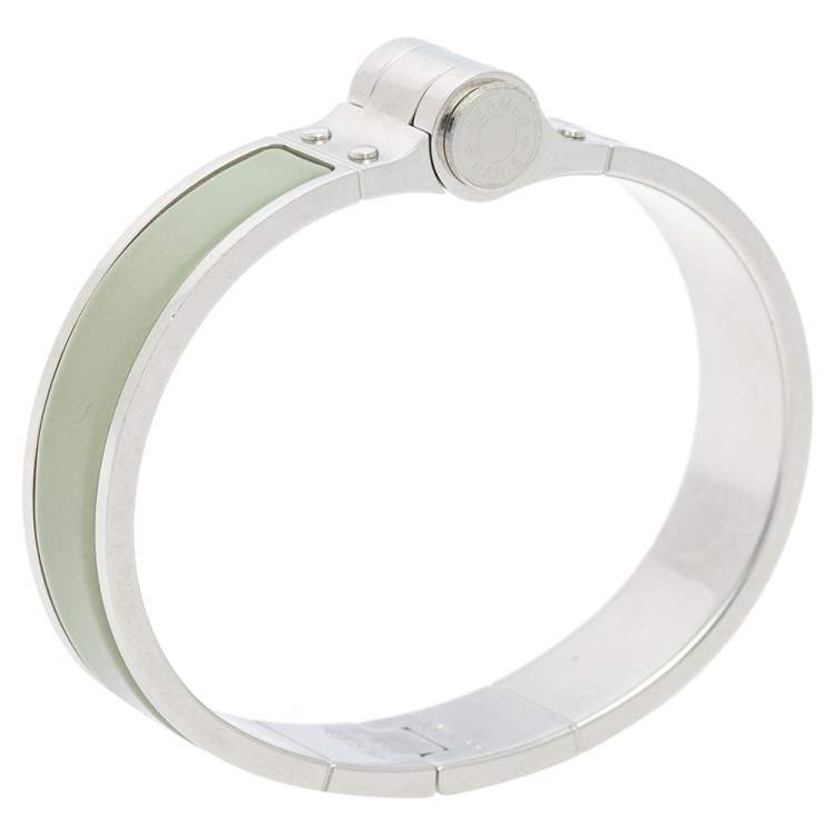 Pre Owned Hermes Green Enamel Palladium Plated Charniere Uni narrow Hinged Bracelet