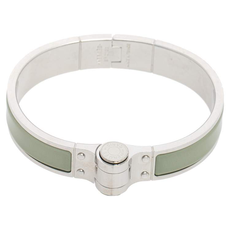 Pre Owned Hermes Green Enamel Palladium Plated Charniere Uni narrow Hinged Bracelet