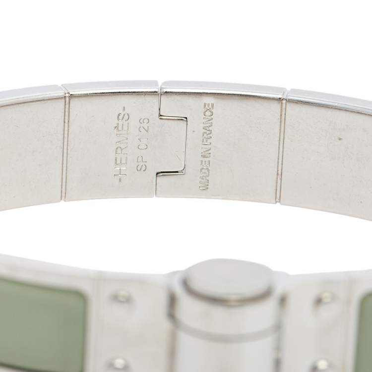 Pre Owned Hermes Green Enamel Palladium Plated Charniere Uni narrow Hinged Bracelet