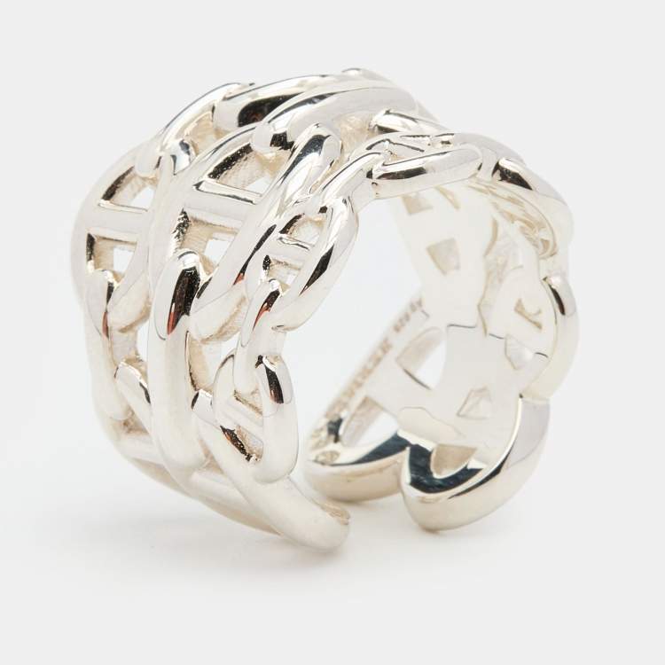 Pre Owned Hermès Sterling Silver Chaine d'ancre Enchainee Ring Size EU 53