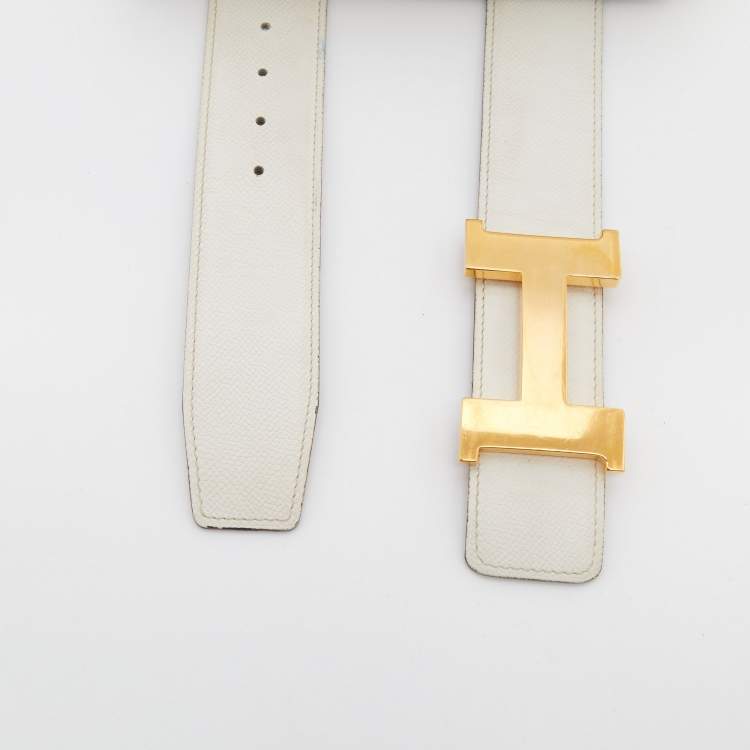 Pre Owned Hermes White Epsom Leather H Constance Reversible Belt 95CM