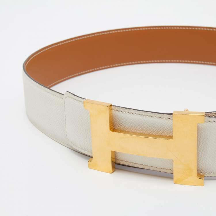 Pre Owned Hermes White Epsom Leather H Constance Reversible Belt 95CM