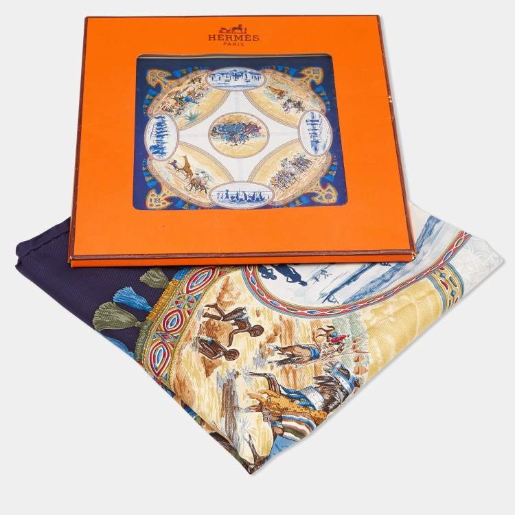 Pre Owned Hermès Blue Cavaliers Peuls Silk Scarf