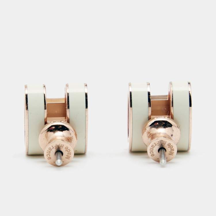 Pre Owned Hermes Pop H White  Lacquer Rose Gold Tone Stud Earrings