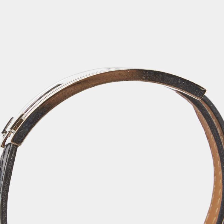 Pre Owned Hermes Pousse Pousse Black Leather Palladium Plated Adjustable H Bracelet