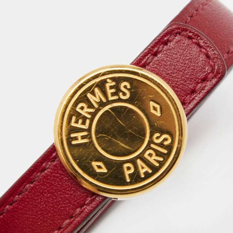 Pre Owned Hermes Clou de Selle Red Leather Gold Tone Bracelet M