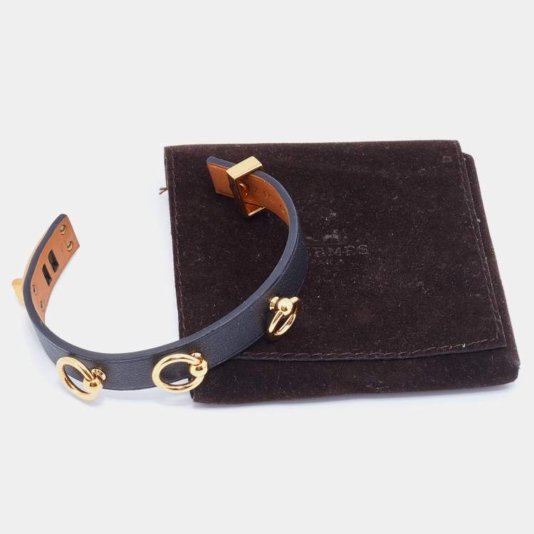 Pre Owned Hermes Mini Dog Black Leather Gold Tone Bracelet