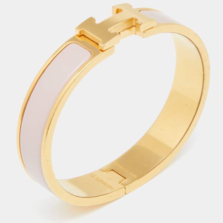 Hermes White Clic Clac H Narrow Enamel Bracelet Gold PM