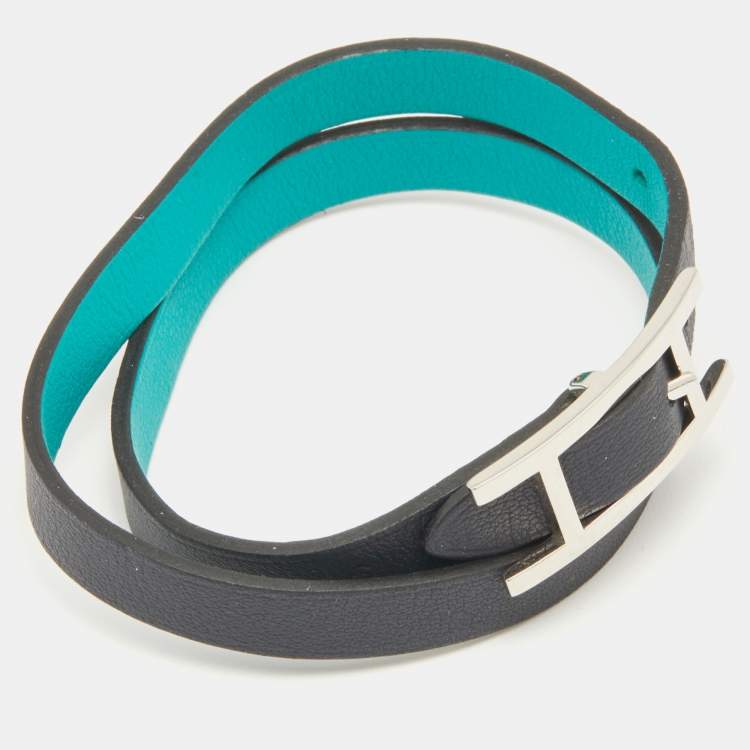 Pre Owned Hermes Green and Black Leather Behapi Reversible Double Tour Bracelet S