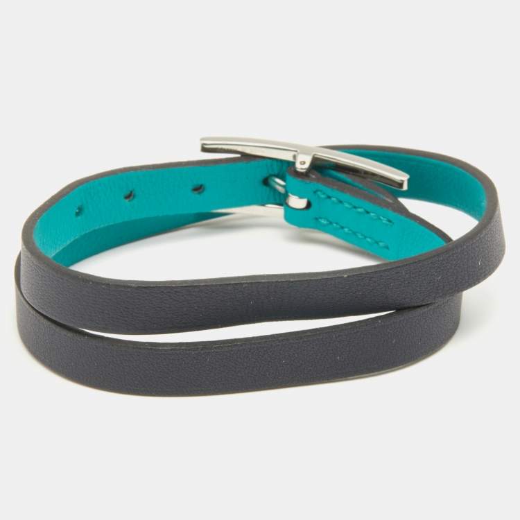 Pre Owned Hermes Green and Black Leather Behapi Reversible Double Tour Bracelet S
